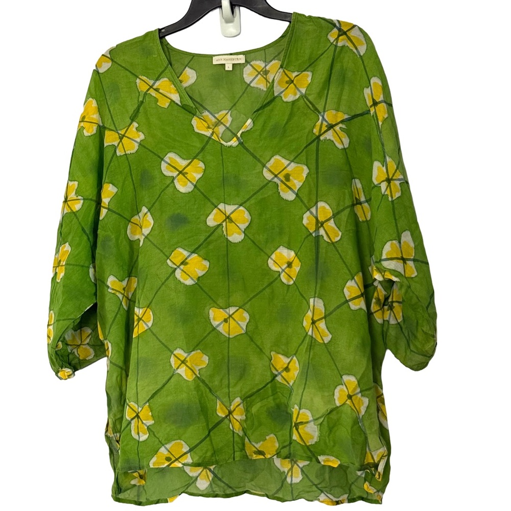 ANN MASHBURN Green Floral Cotton‎ Silk V Neck Top - Large